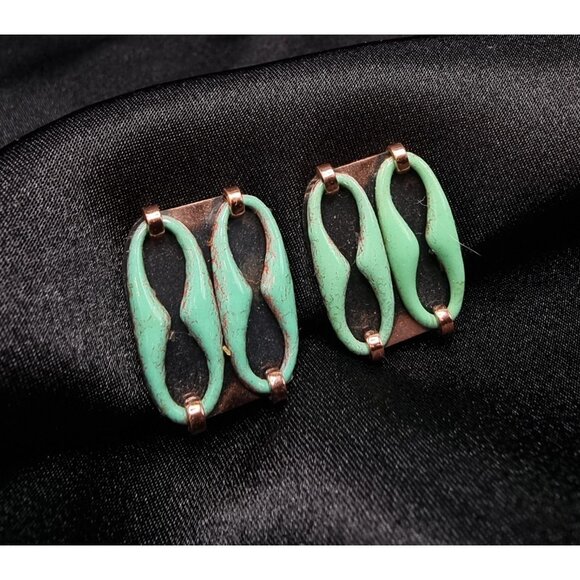 Vintage MATISSE Signed Copper & Green Enamel Cuff Bracelet & Earrings Set - Picture 5 of 7
